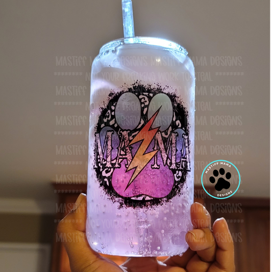 Mama Aqua Purple Paw Lightning Bolt Clear 16 oz Glass Can