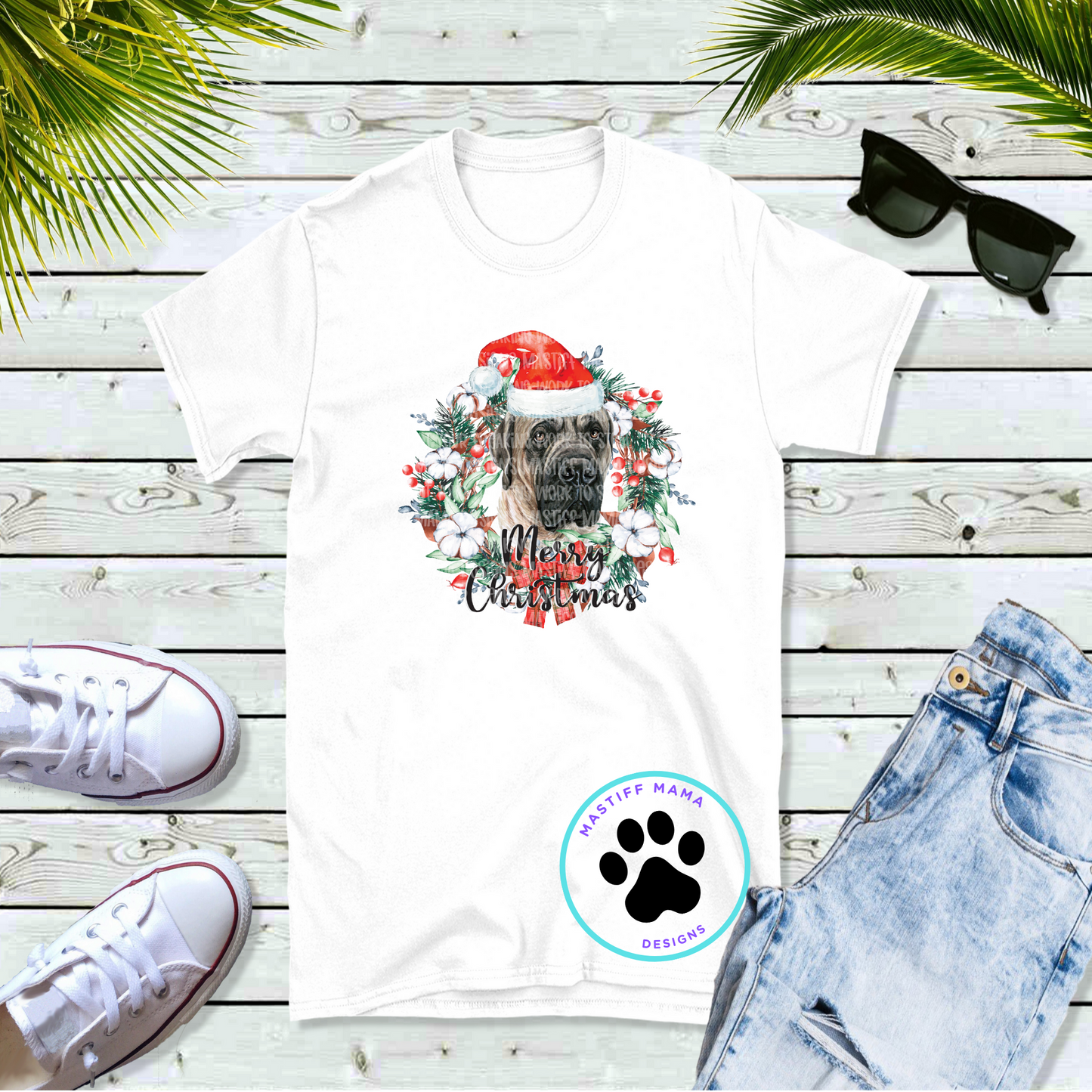 English Mastiff Merry Christmas Unisex White Short Sleeve Shirt