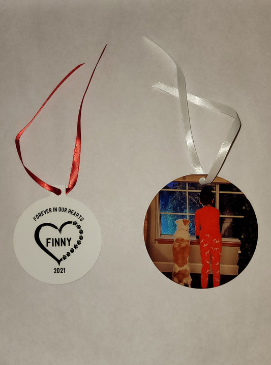 Custom Pet Memorial Photo White Aluminum  Christmas Ornament - 2 Sizes Available